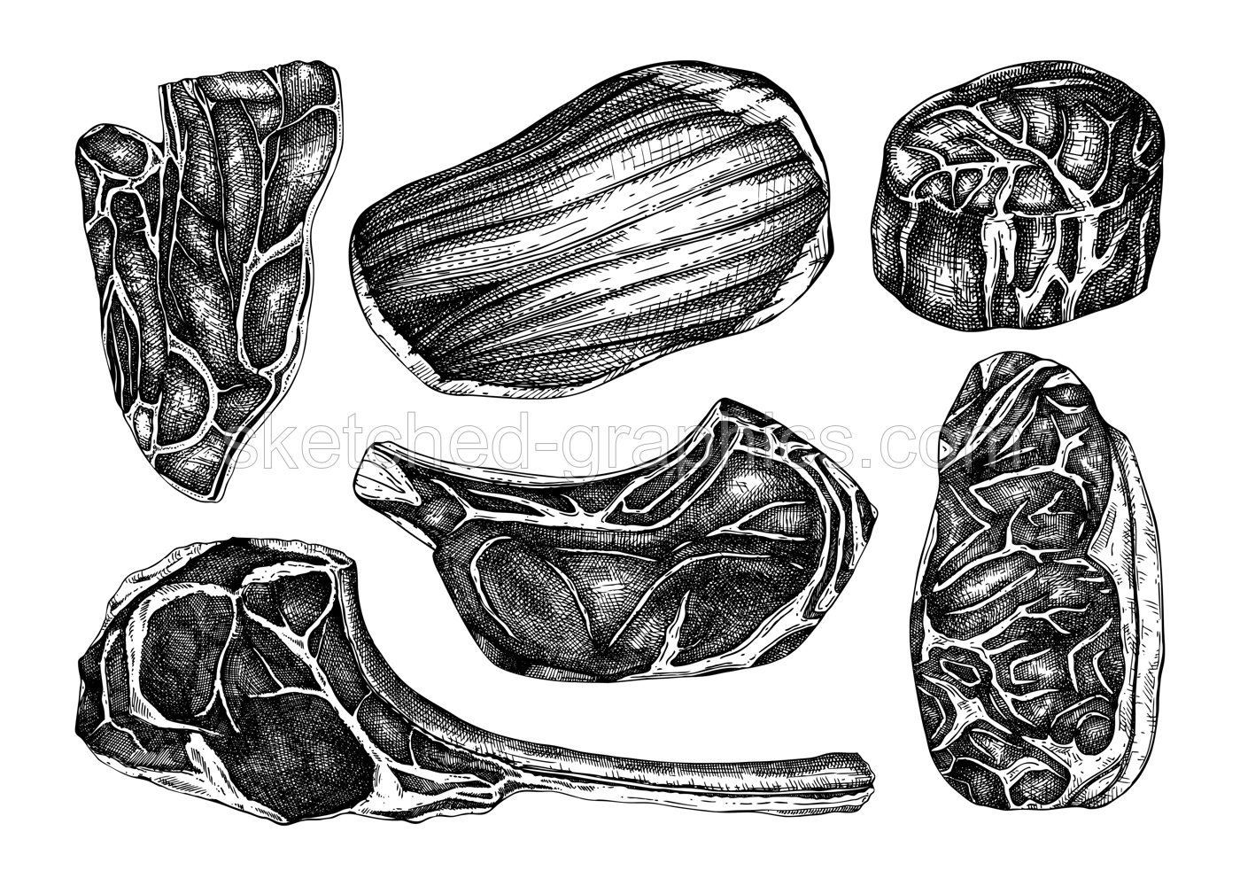 Raw meat sketches set. Hand drawn food illustrations. Vector drawings of filet mignon, rib eye, striploin, flank, tamahawk steaks. Steak house menu design elements Illustration